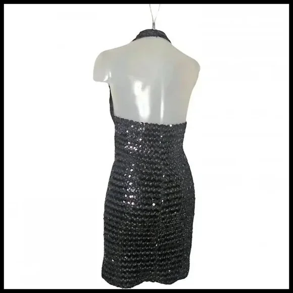 Black Sequin Halter Dress Sexy Micro Mini Bodycon Formal 70s Vintage Disco Era - Picture 4 of 13